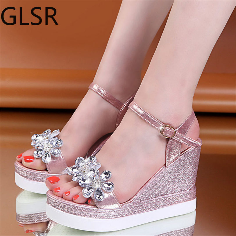 Female Fashion Flower Open Toe Sandals Dress Silver Sandals Women Rhinestone Wedges Platform Party Shoes Woman