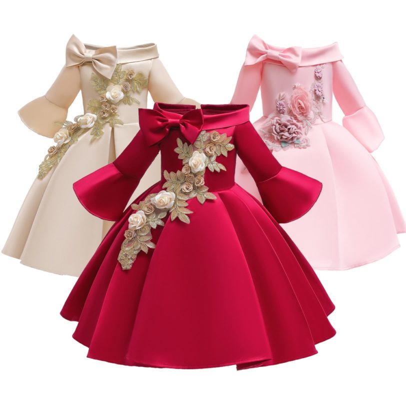 For 1 2 4 6 8 10 Years Girls Satin Glossy Dress Kids Elegant Party appliques Flare sleeve Frocks baby Dress Vestidos Costumes