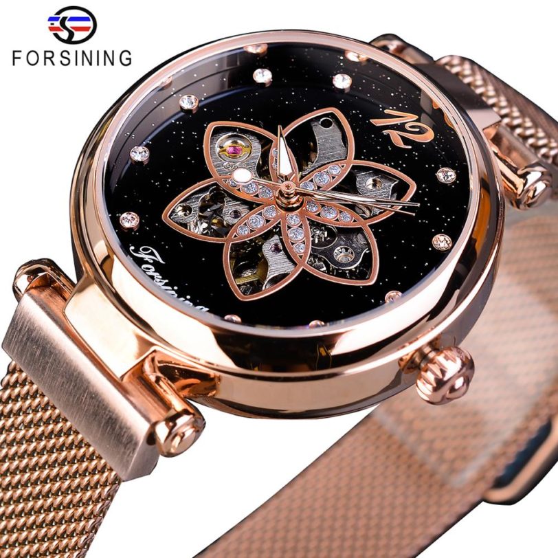 Forsining Ladies Watch Top Brand Luxury Female Watch Rose Gold Mesh Creative Diamond Flower Dial Mechanical Fashion Women Clock