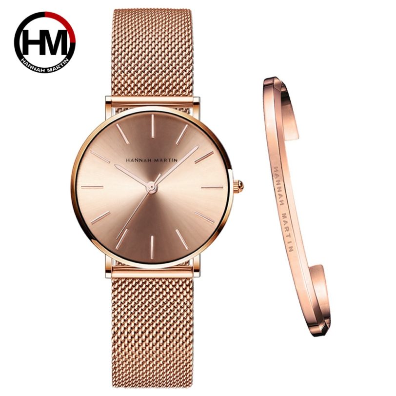 Full Rose Gold 1 Set Bracelet Watch Japan Quartz Creative Design Waterproof Stainless Steel Mesh Ladies Watches Relogio Feminino