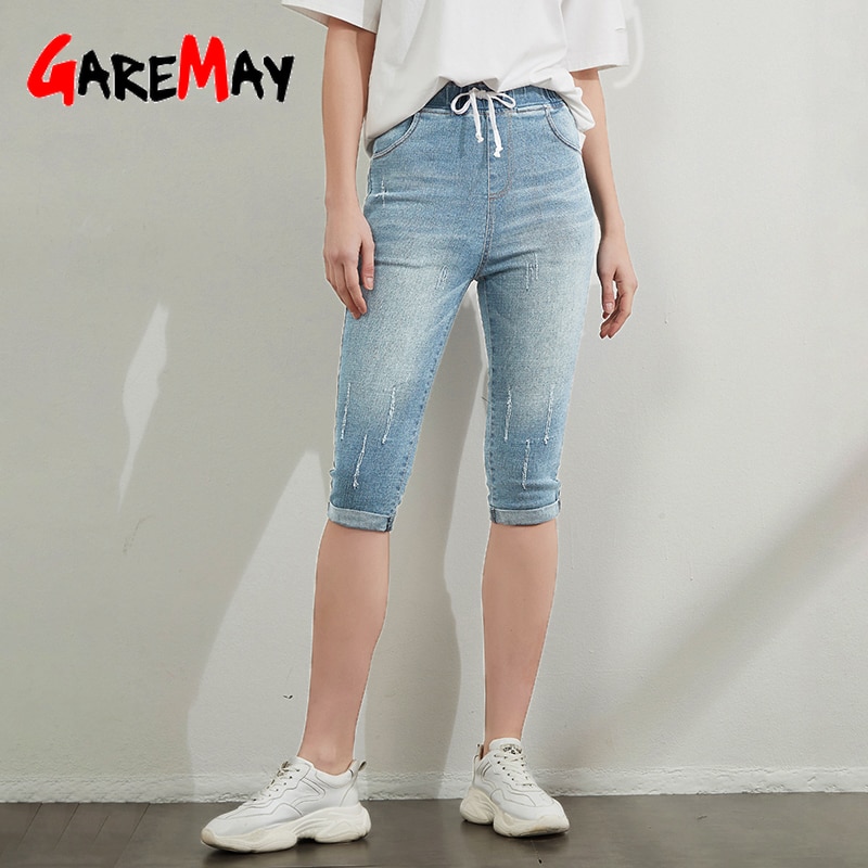 Garemay Women s Summer Breeches Jeans Knee Length Tight High Waist Ripped Large Size Cropped Stretch