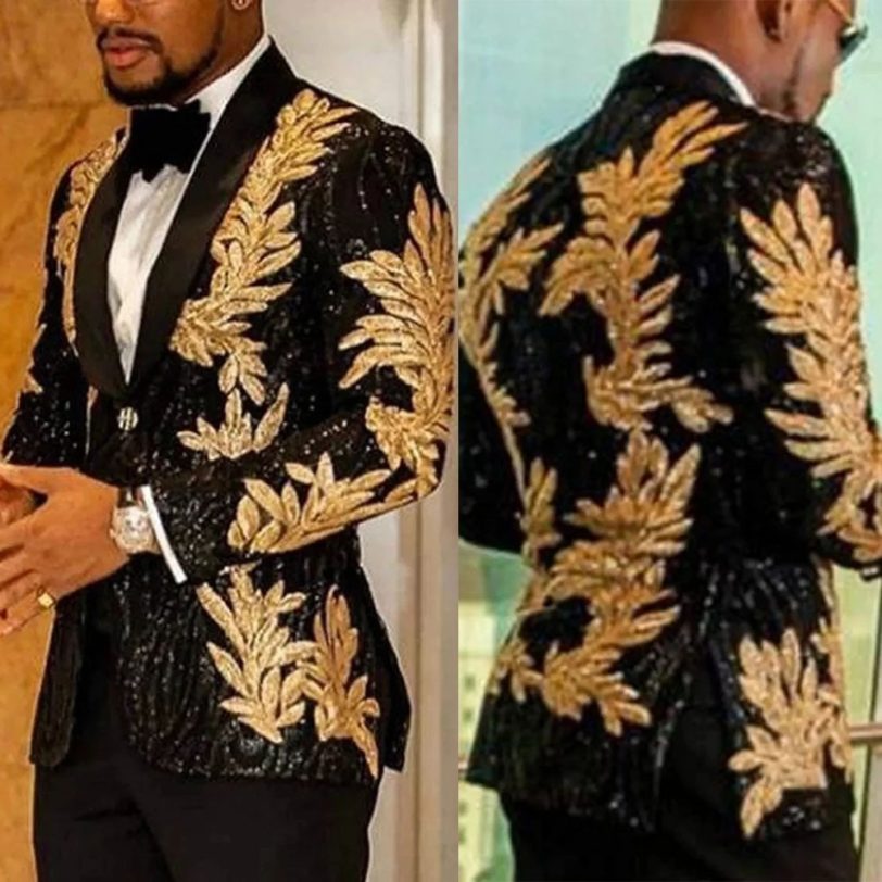 Glitter Gold Embroidery Jacket Pants Groom Wear Slim Fit Black Custom Made Men Suits For Wedding Prom Daily Blazers Tuxedoes