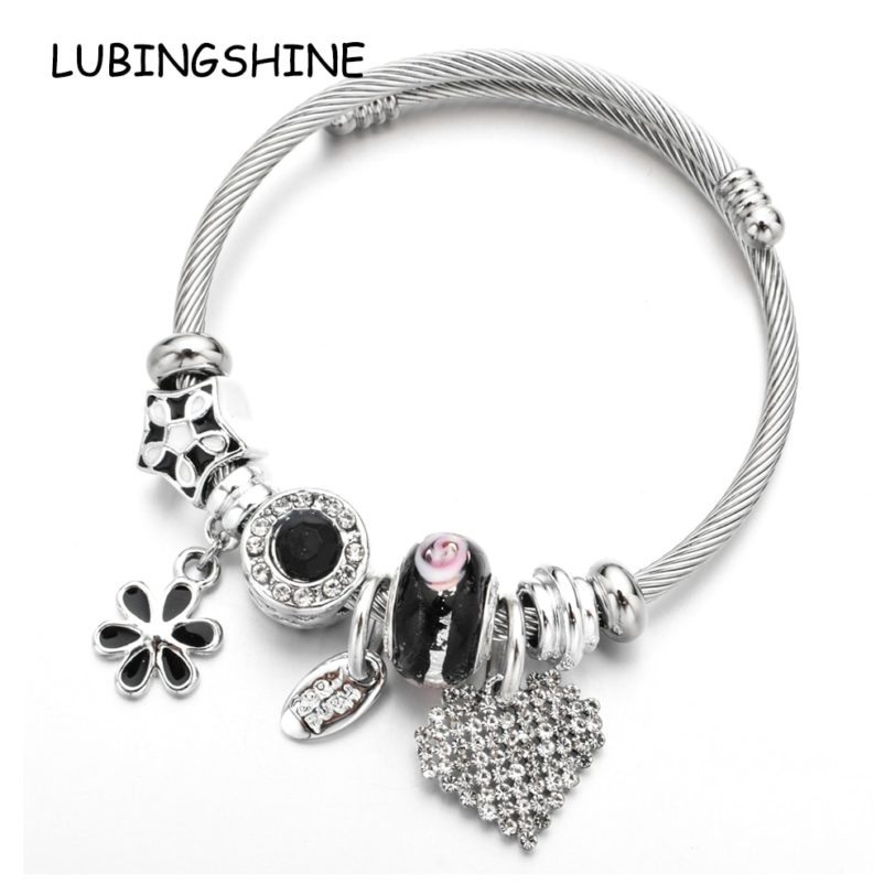 Heart Flower Charms Bracelets for Women Girl Crystal Beads Stainless Steel Adjustable Open Cuff Wire Cable Bangles DIY Jewelry