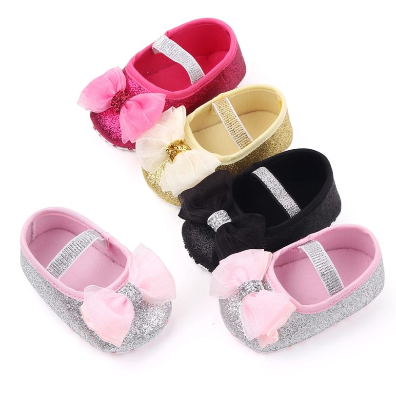 Infant Newborn Baby Girls Spring Summer Autumn Flats Glitter Bowknot Princess Dress Shoes No-Slip First Walkers