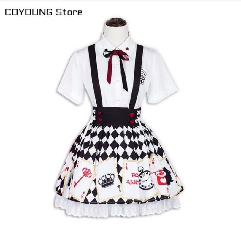 Japanese Harajuku Lolita God of Gamblers Blouse Shirts Suspender Skirt Set Print Cute Girls Gothic Short Sleeve Plaid Poker