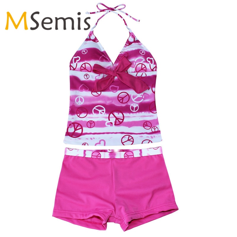 Kids Girls Tankini Swimsuit Heart Print Swimwear Halter Tankini Set with Bra Pads for Summer swimming
