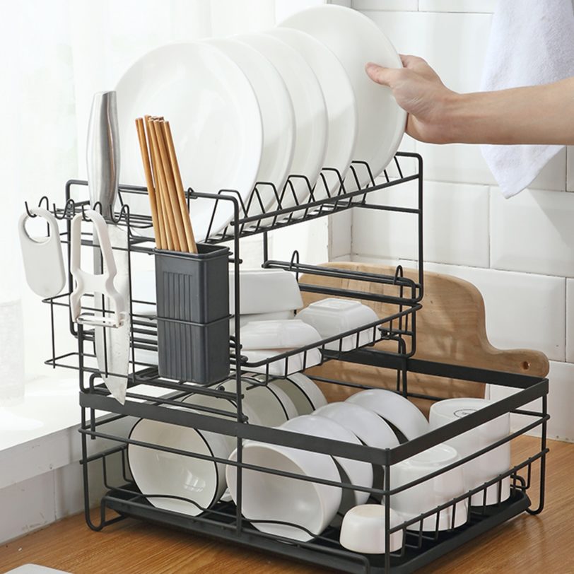 Kitchen Storage Rack Carbon steel with Removable Drain Board Dish Drainer Utensil Holder Countertop Organizer