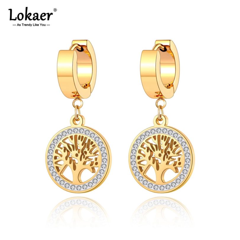 Lokaer Trendy Titanium Stainless Steel Bohemia Party Hoop Earrings CZ Crystal Tree Earrings Jewelry For Women Girl Серьги E21029