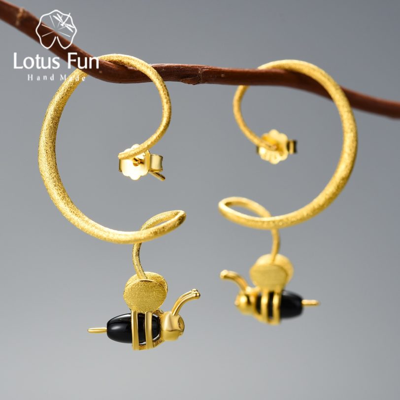 Lotus Fun Natural Gemstone 18K Gold Newest Desgin Honey Bee Dangle Earrings For Women 925 Sterling
