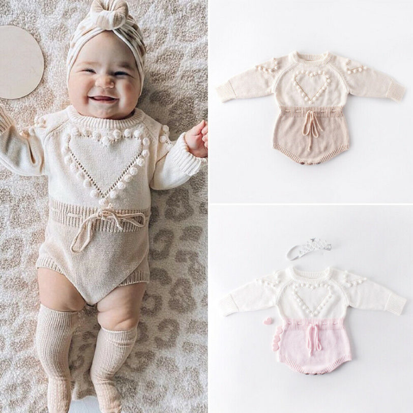 Lovely Heart Infant Baby Girl Knitted Clothes Love Romper Jumpsuit Bodysuit Outfit Autumn Winter wool knitted