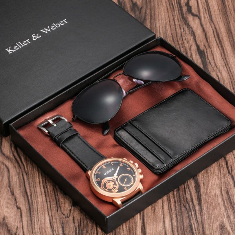 Luxury Rose Gold Men's Watch Leather Card Credit Holder Wallet Fashion Sunglasses Sets for Men Unique Gift for Boyfriend Husband