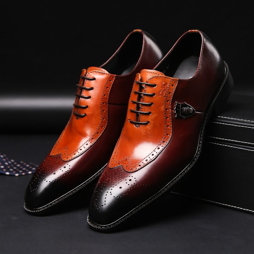 Luxury classic mens brogue oxfords dress shoes genuine cow leather brown pointed toe lace up male formal footwear wedding party