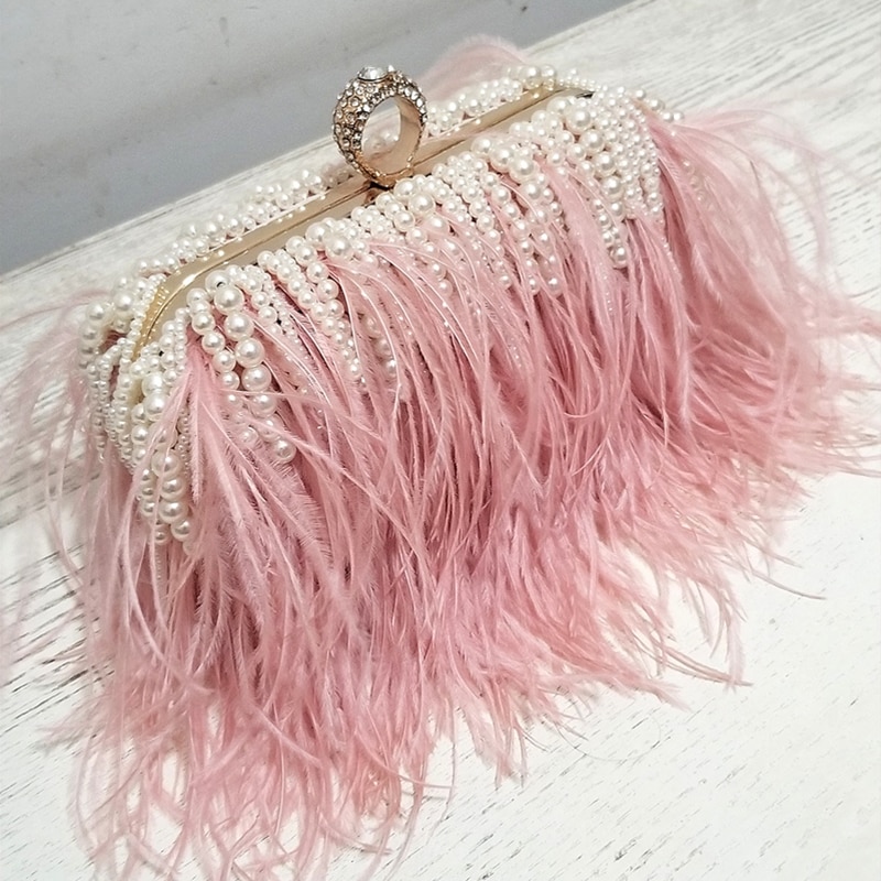 Luxy Moon Ladies Pink Handbag Pearl Clutch Bag Luxury Design Women Wedding Purse Feather Shoulder Messenger
