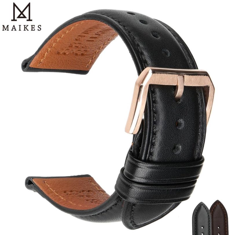 MAIKES Hot Sale 1pc Fashion Men Women 18mm 20mm 22mm 24mm Cowhide Leather Strap Black Business Watch Band Universal