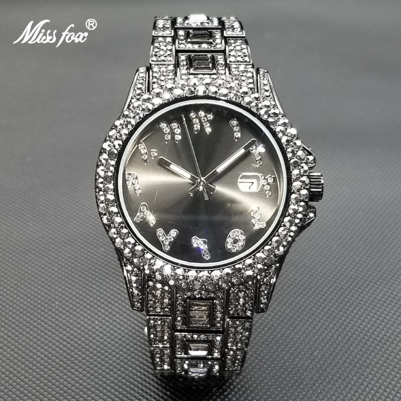 MISSFOX Black Full Diamond Watch For Men Top Brand Luxury Stainless Steel Watches Hip Hop Iced Out Rolexable Waterproof Clock