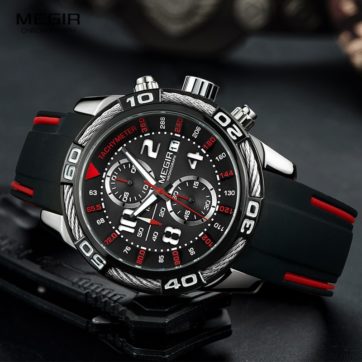 Megir Analogue Chronograph Battery Quartz Watch for Man Men s Black Silicone Bracelete Sport Wristwatch Boy