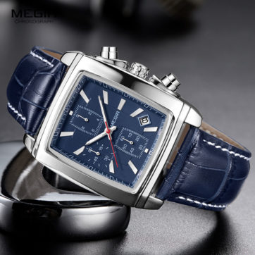 Megir Rectangle Dial Leather Strap Watch for Men Casual Blue chronograph quartz watches Man Wristwatch montre