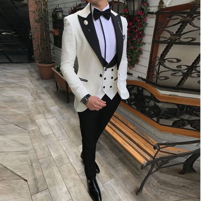 Men Suits 3 Pieces Slim Fit Business Suits Groom Champagne Noble Grey White Tuxedos for Formal Wedding suit (Blazer Pants Vest)