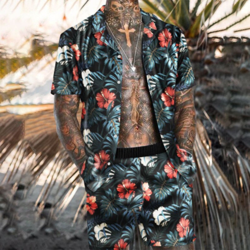 Men s 2 Pieces Set Hawaiian Flower Shirts Beach Shorts 2021 Summer Mens Casual Fashion Loose