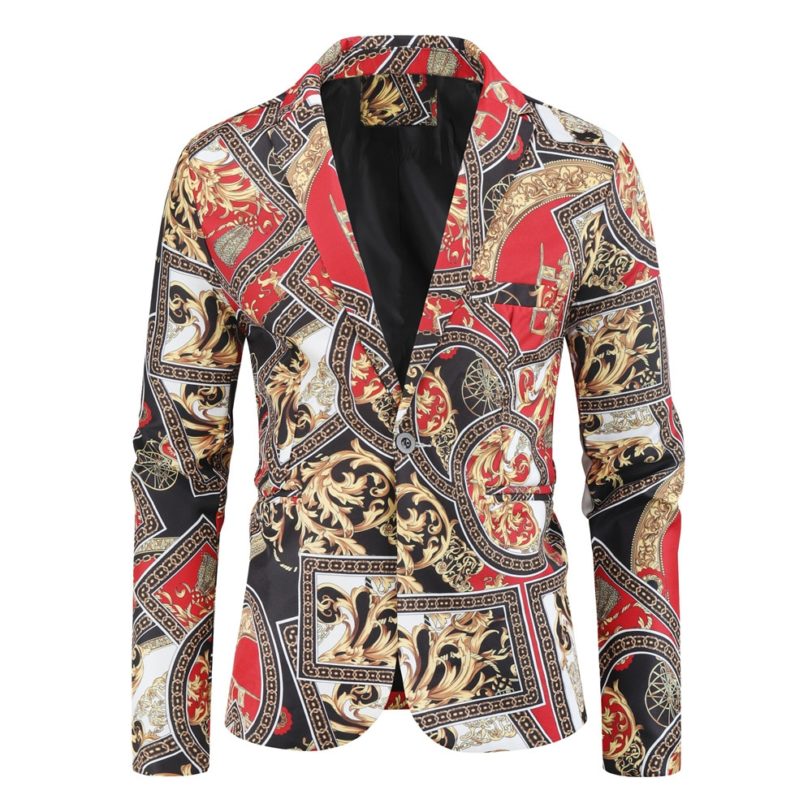 Mens Button Luxury Floral Printed Suit Night Club Stage Wedding Social Casual Suit Slim Formal Fit Casual Men Blazer Jacket