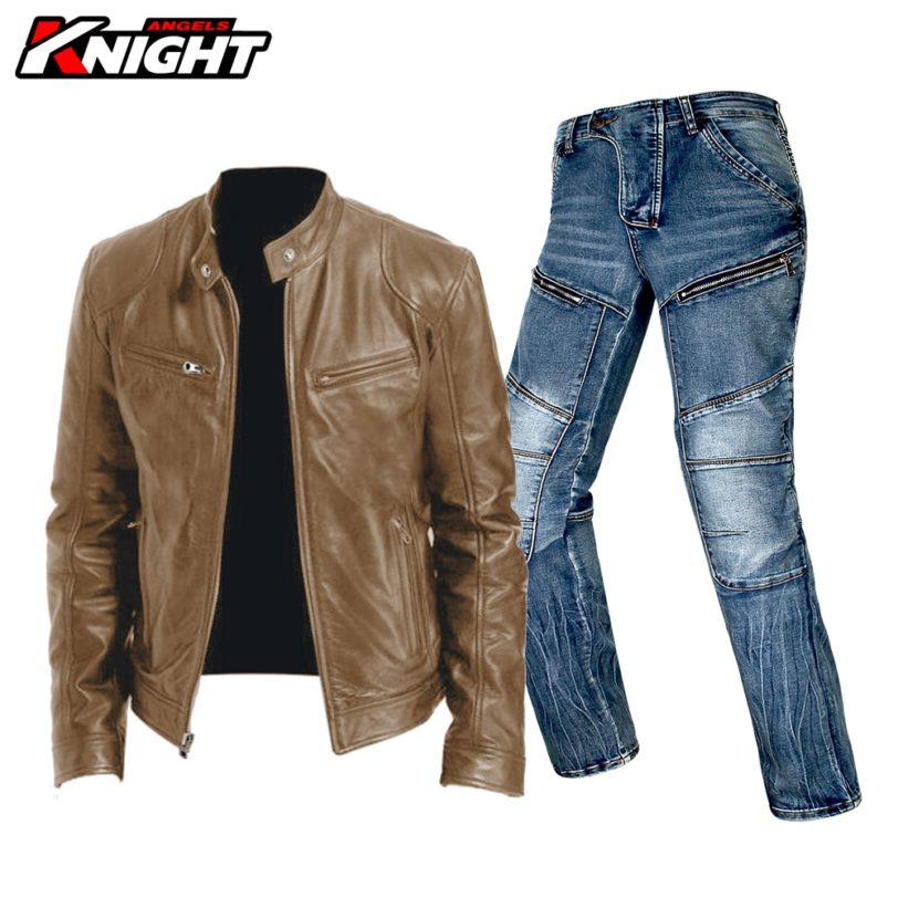 Motorcycle Leather Jacket Men Motocross Summer Autumn PU Leather Jacket Pants Suit Retro Biker Motorbike Leather Coats Jacket