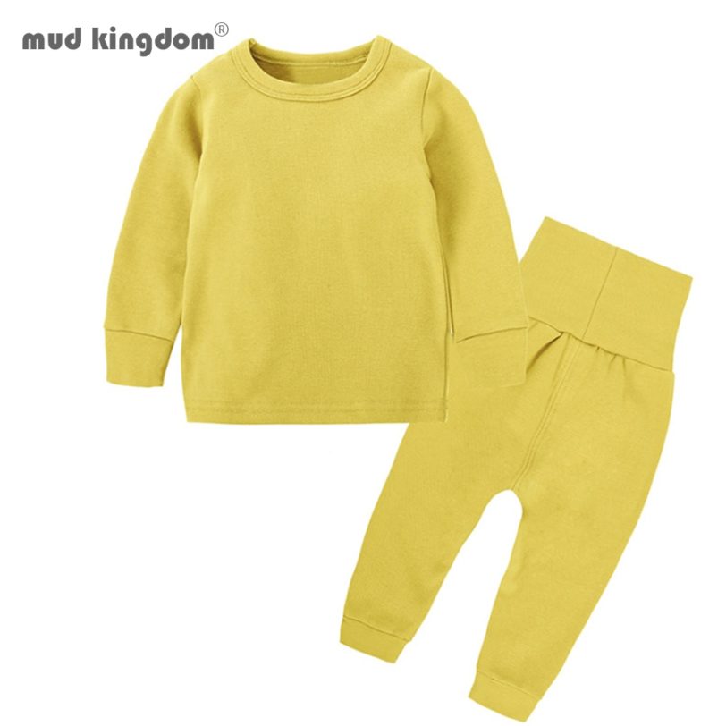 Mudkingdom Boys Girls Pajama Set Long Sleeve Solid High Waist Children Sleepwear Spring Autumn Thick Kids Clothes