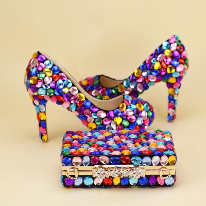 Multicolor big cyrstal wedding shoes with matching bags woman fashion shoes women Pumps High heels Party dress shoes big size