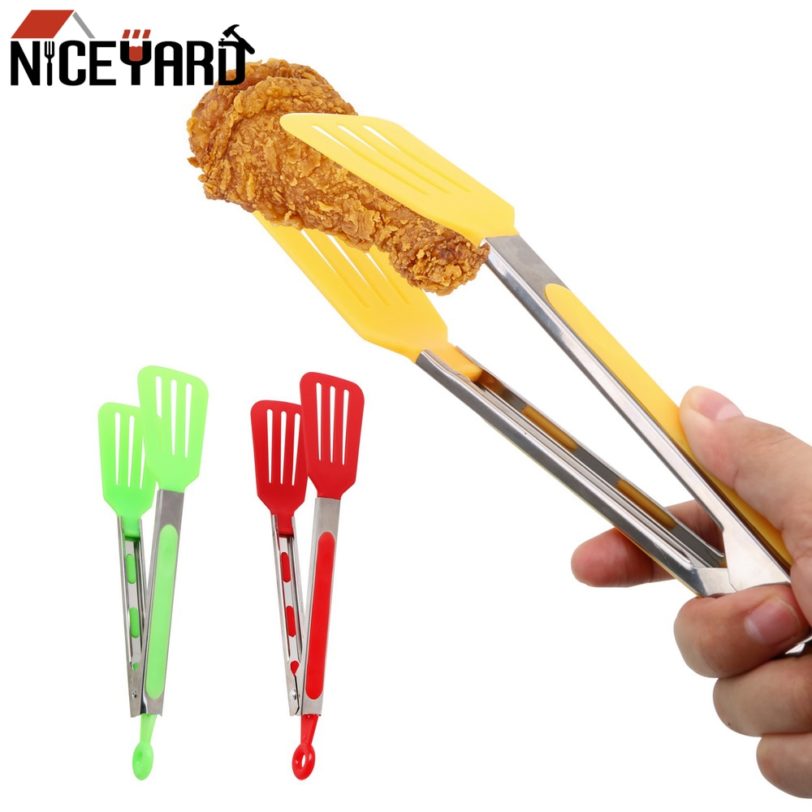 NICEYARD Non-Stick Kitchen Tong Stainless Steel Handle Food clamp Silicone Pizza Bread Steak Clip Utensil Salad Serving BBQ Tong