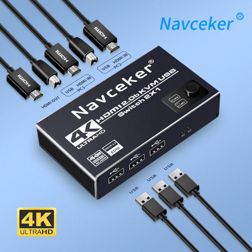 Navceker HDMI-compatible KVM Switch 2 Port 4K USB Switch DP KVM Switcher Splitter Box for Sharing Keyboard Mouse HDR KVM Switch