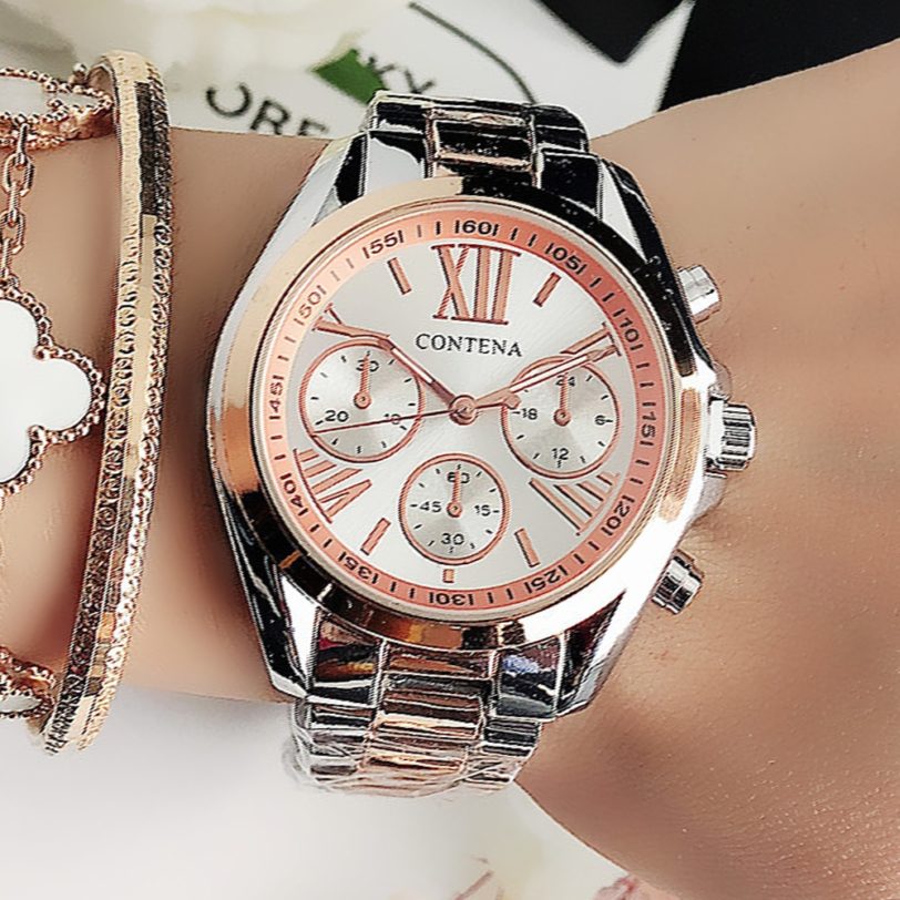 New Popular Women Watches Luxury Brands Rose Gold Geneva Ladies Clock Stainless Steel Quartz Analog Wristwatches Reloj Mujer#M