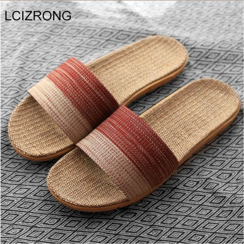 New Unisex Linen Slippers Men Women Non-slip 35-45 Size 7 Colors Gradient Stripe Beach Flat Shoes Male Slides Home Slipper