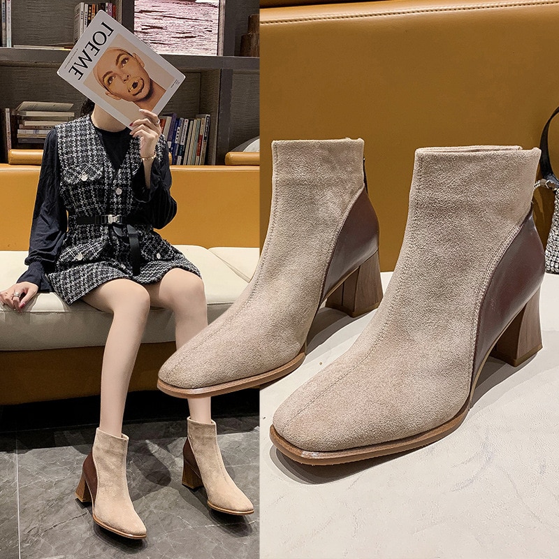 New Women Boots Ankle Boots Faux Suede High Heels Ladies Short Boots Concise Square Toe Breathable 1