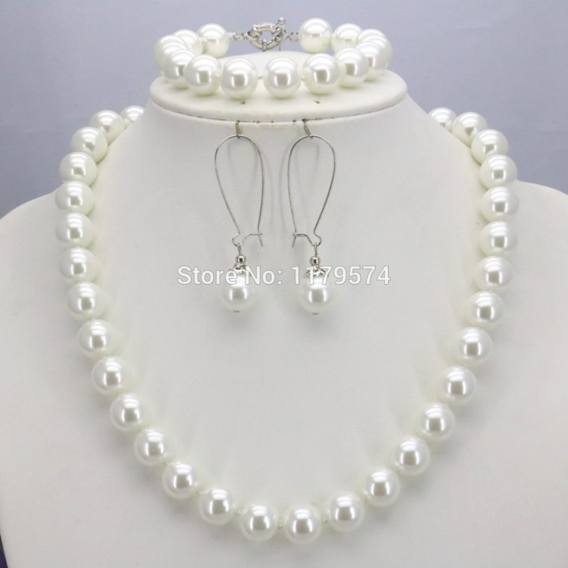 New arrival Christmas Gifts Women Girls 10mm White Round Shell Pearl Beads Necklace Bracelet Earrings Sets Jewelry Making Design