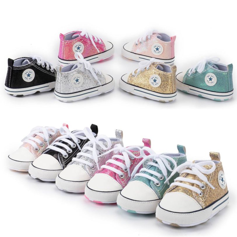 Newborn Sequin Classic Baby shoes Boys Girls First walkers Baby moccasins Soft bottom Canvas Bebe Anti-slip lace-up Baby shoes