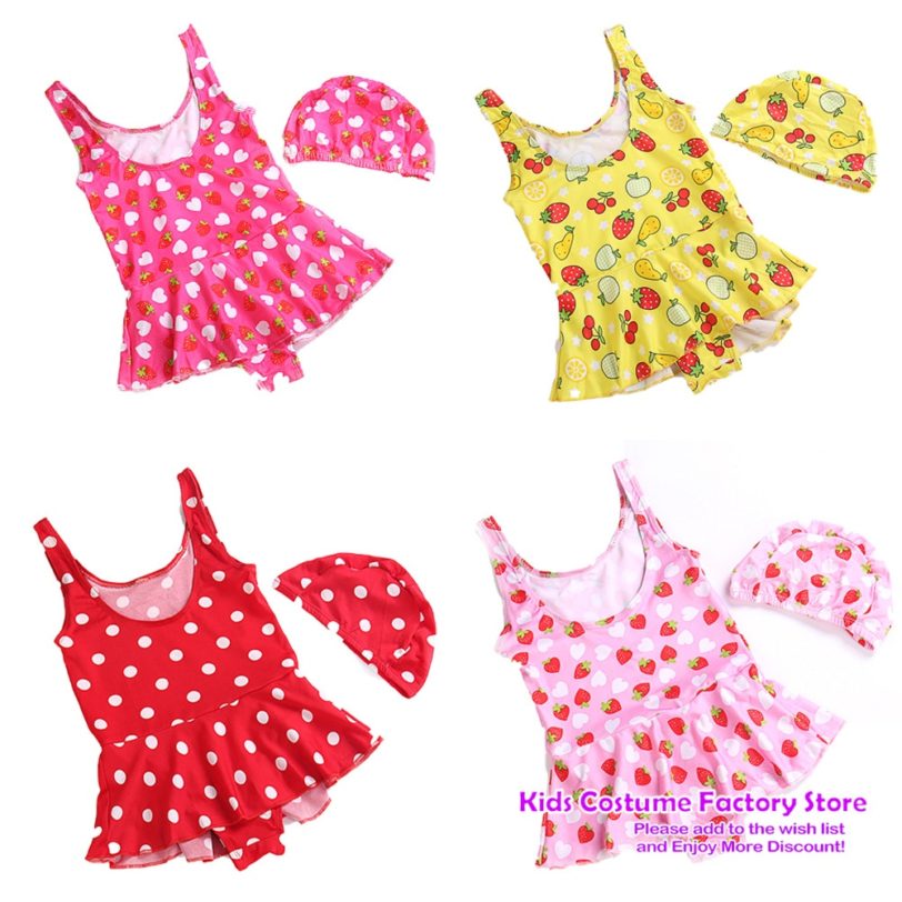 Newest Fashion Newborn Baby Girl Swimwear Hats 2PCS Strawberry Print Swimsuit Swimming Suit Children Kids One-Piece Bikinis