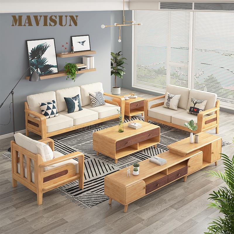 Nordic Solid Wood Corner Sofa Combination Modern Minimalist Living Room Small Apartment Furniture Hall Reception Fabric