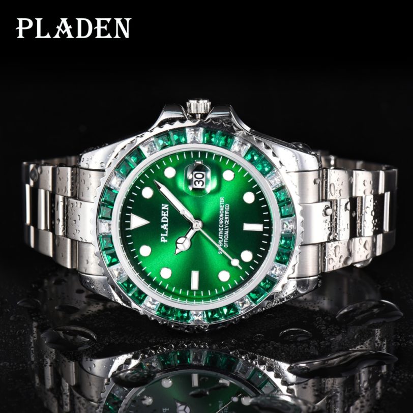 PLADEN Luxury Men Watches Fashion Green Diamond Bezel Sapphire Glass Watch Business Automatic Date Dive Clock Relógio masculino