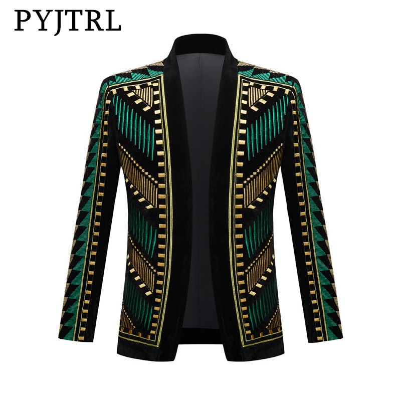 PYJTRL Men s Business Casual Blazer Embroidery Coat Singer Stage Costume Dress Men Velveteen Plus Size