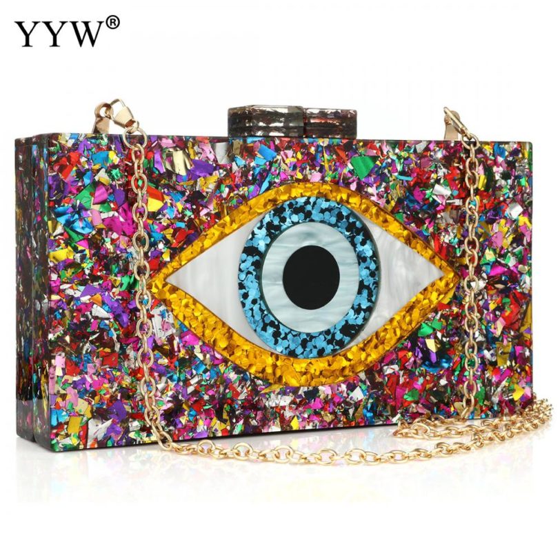 Patchwork Glitter Evil Eye Acrylic Bag PVC Plastic Box Clutches Chain Shouler Bag Travel Evening Handbags Women Crossbody Bags