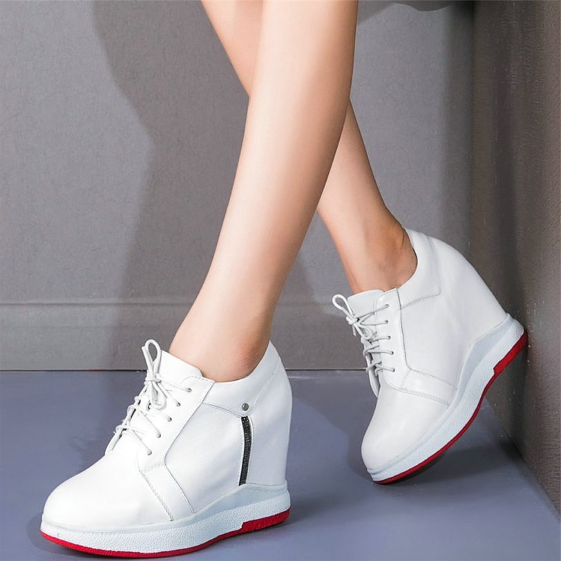 Plus Size Lace Up Creepers Women Genuine Leather Platform Wedges High Heel Pumps Female Round Toe