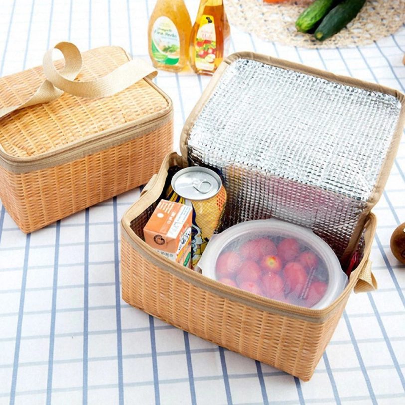 Portable Wicker Rattan Picnic Bag Waterproof Tableware Insulated Thermal Cooler Food Container Basket for Outdoor Camping Hiking