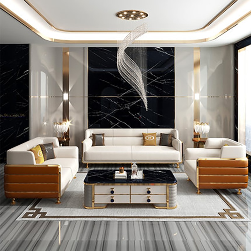 Postmodern minimalist light luxury villa leather sofa top layer cowhide combination American Hong Kong style living 1