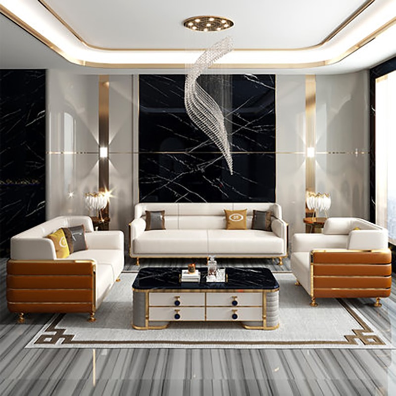 Postmodern minimalist light luxury villa leather sofa top layer cowhide combination American Hong Kong style living