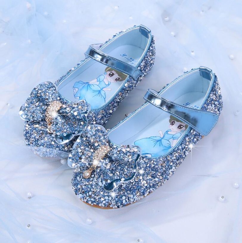 Princess Kids Leather Shoes For Girls Casual Glitter Shoes Children Dance Shoes Butterfly Knot Blue Pink Silver Performance Shoe