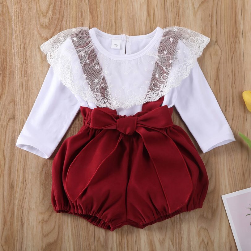 Pudcoco Newborn Baby Girl Clothes Solid Color Lace Ruffle Long Sleeve Tops Strap Shorts Overalls 2Pcs Outfits Cotton Clothes