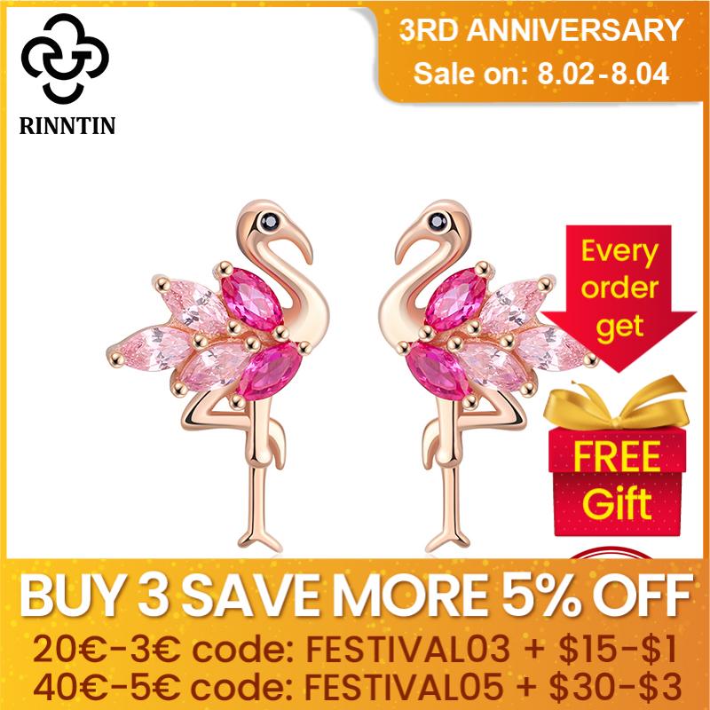 Rinntin 925 Sterling Silver Flamingo Earrings For Women Rose Gold Plated Cute Bird Earring Stud AAAA