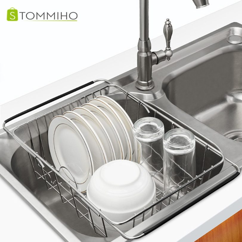 STOMMIHO Telescopic Sink Storage Rack Drain Basket Adjustable Vegetable Fruit Drainer Utensil Tableware Dish Drying Rack