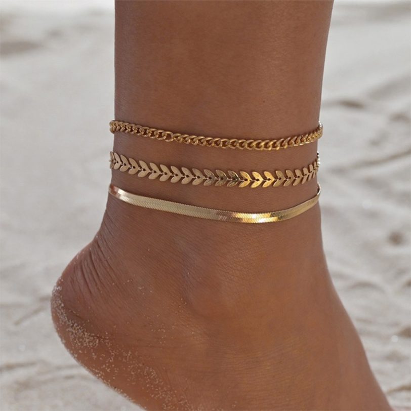 SUMENG 2021 New 3pcs/set Gold Color Simple Chain Anklets For Women Beach Foot Jewelry Leg Chain Ankle Bracelets Accessories