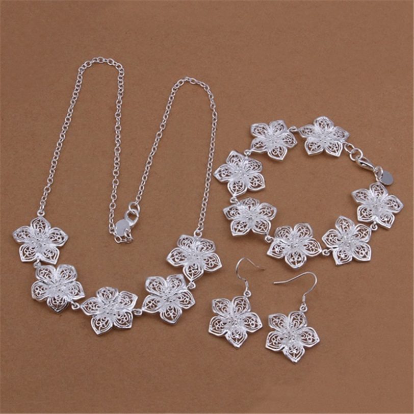 Selling silver color jewelry set fashion charm women elegant exquisite hollow flowers Necklace Bracelets Dangle Earrings S450