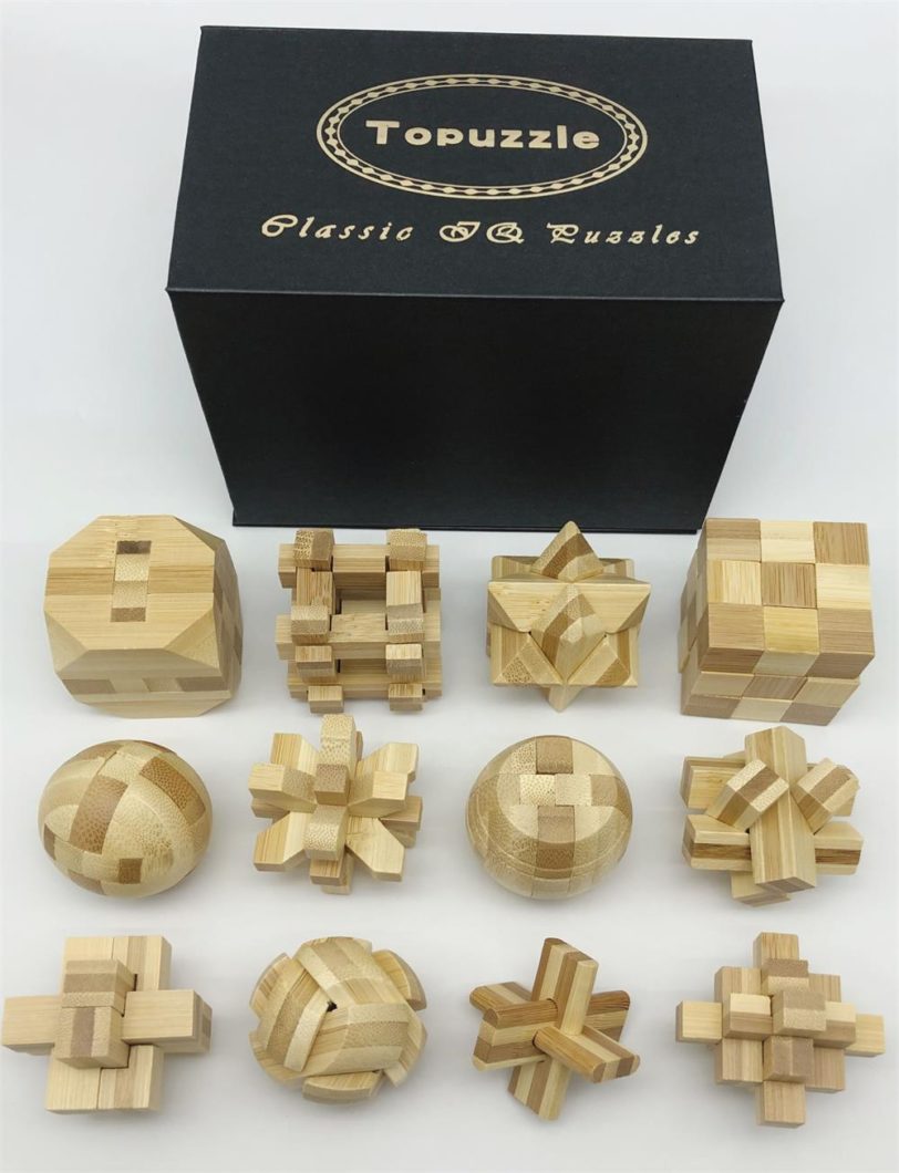 Set of 12PCS IQ Educational Bamboo Burr Puzzle Interlocking Mind Brain Teaser Puzzles Game Gift for Adults Children